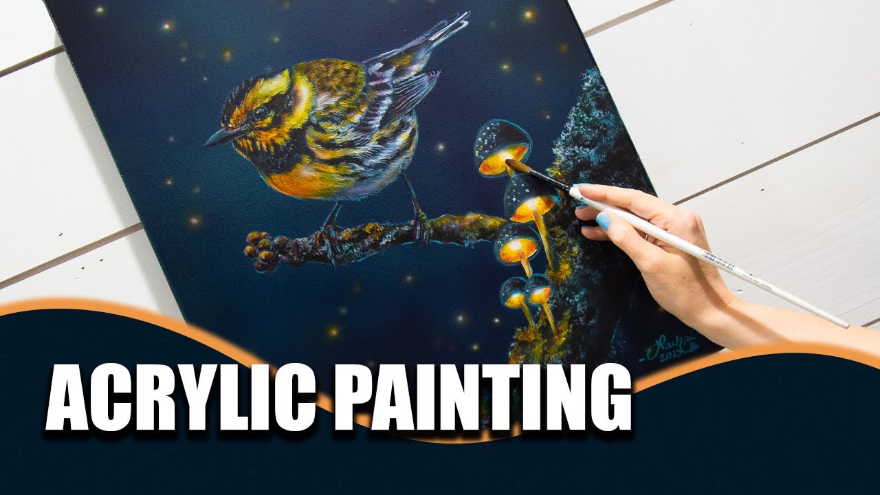 Bird & Mushrooms ACRYLIC PAINTING TECHNIQUES #acrylicpainting