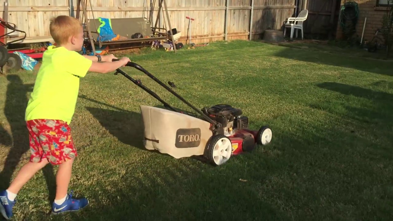 My 9yr old tries to start the lawn mower and mow for the first time! Easy start?