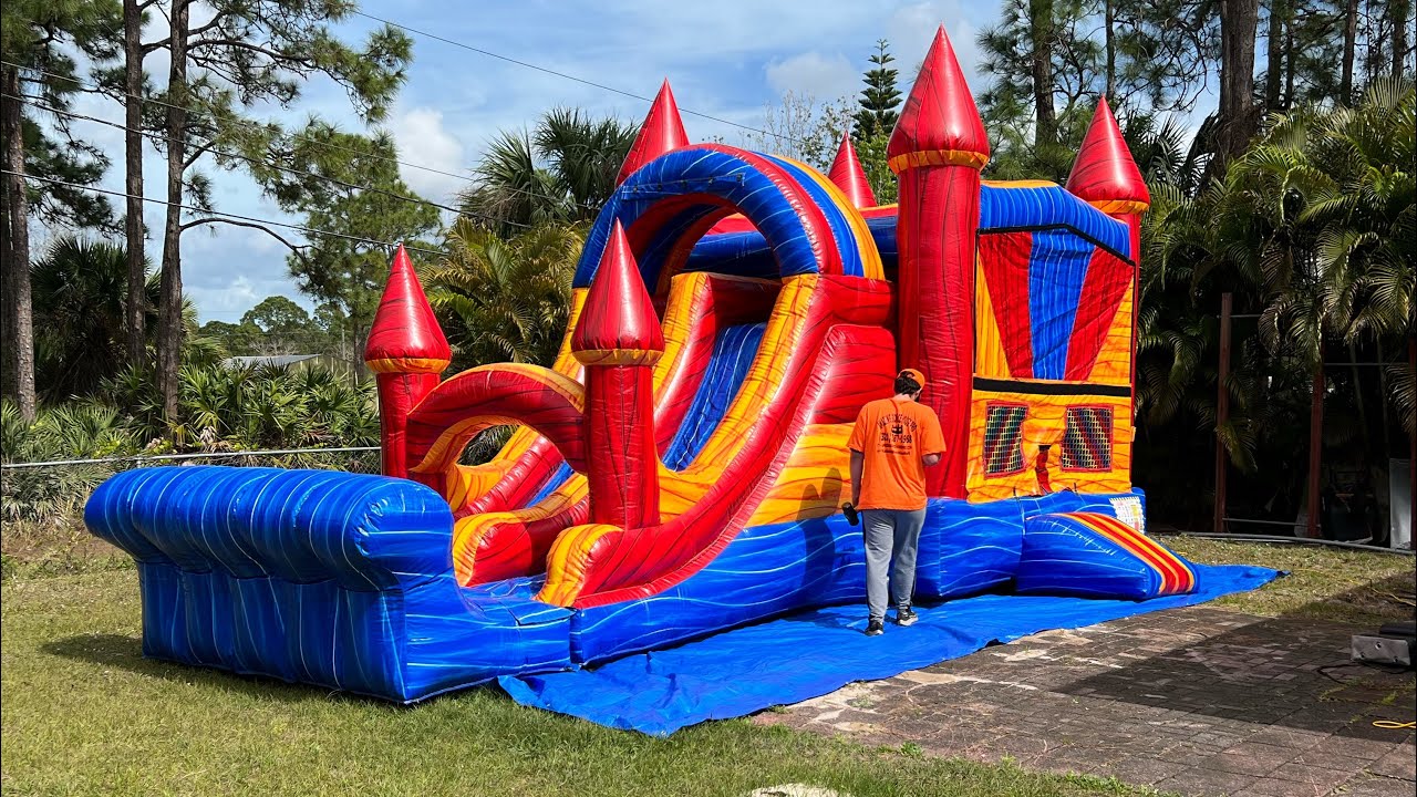 How to roll and fold a Bounce house with the slide 3/1 combo double lane Dry ! Super easy .