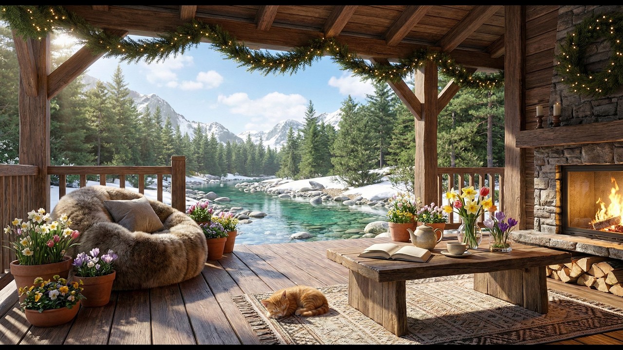 Late Winter Small Stream Ambience | Riverside Porch & Calm Piano Music For Relax, Work