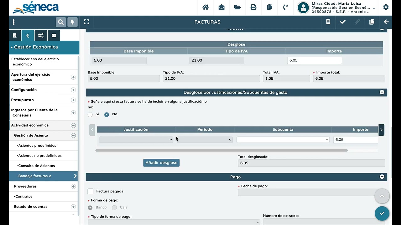 Gestión económica Séneca19: Aceptar y pagar una factura electrónica