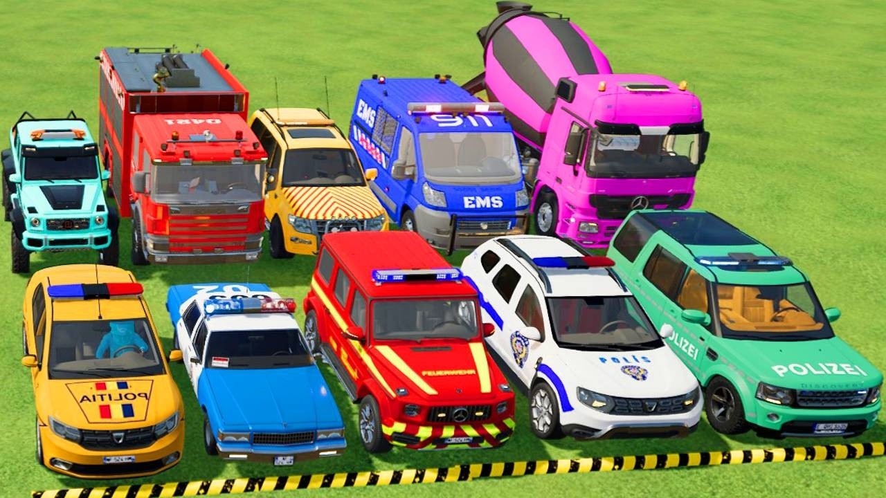 TRANSPORTING POLICE CARS, AMBULANCE, FIRE TRUCK, COLORFUL CARS WITH TRUCK -FARMING SIMULATOR 22!