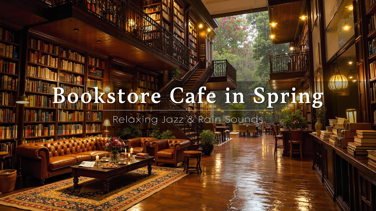 Cozy Bookstore Cafe Ambience with Soft Spring Jazz ☕ Smooth Piano Jazz & Calm Rain Sounds to Read