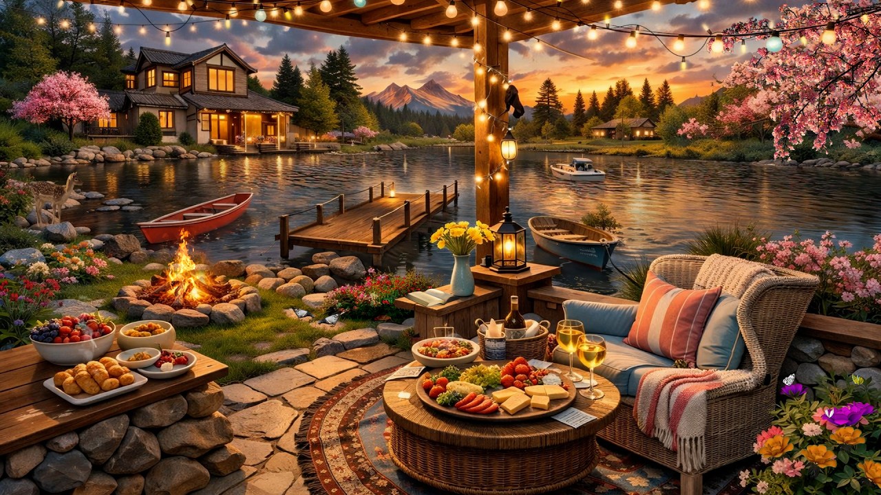 Cozy Spring Sunset Lake House Porch Ambience 🌅 Campfire, Lake Water Sounds & Relaxing Nature