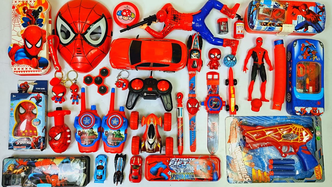 Ultimate Spiderman toys collection - rc plane, rc car, pencil box, pencil sharpner, eraser, games