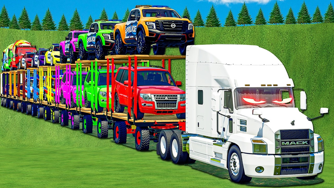 LONG CONVOY TRANSPORT OF COLORS! MUSCLE CARS, COPS BMW, POLICE GOLF & MACK TRUCK POWER! FS 25