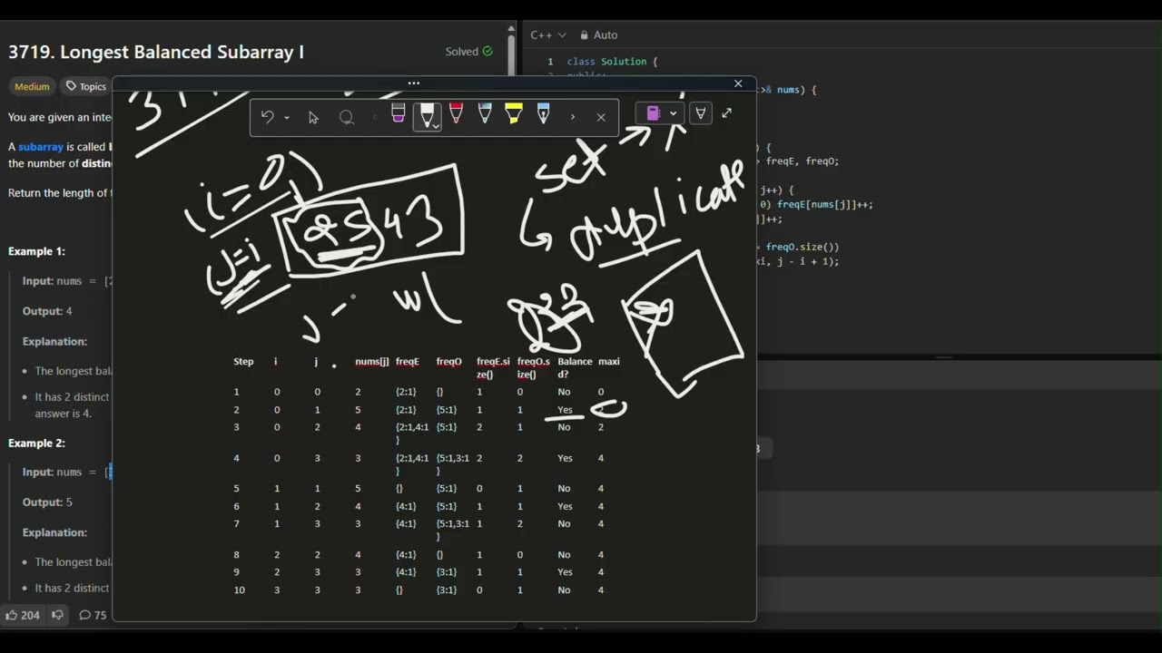 Leetcode 3719 | Longest Balanced Subarray I Let'sThink #leetcode #code #coding