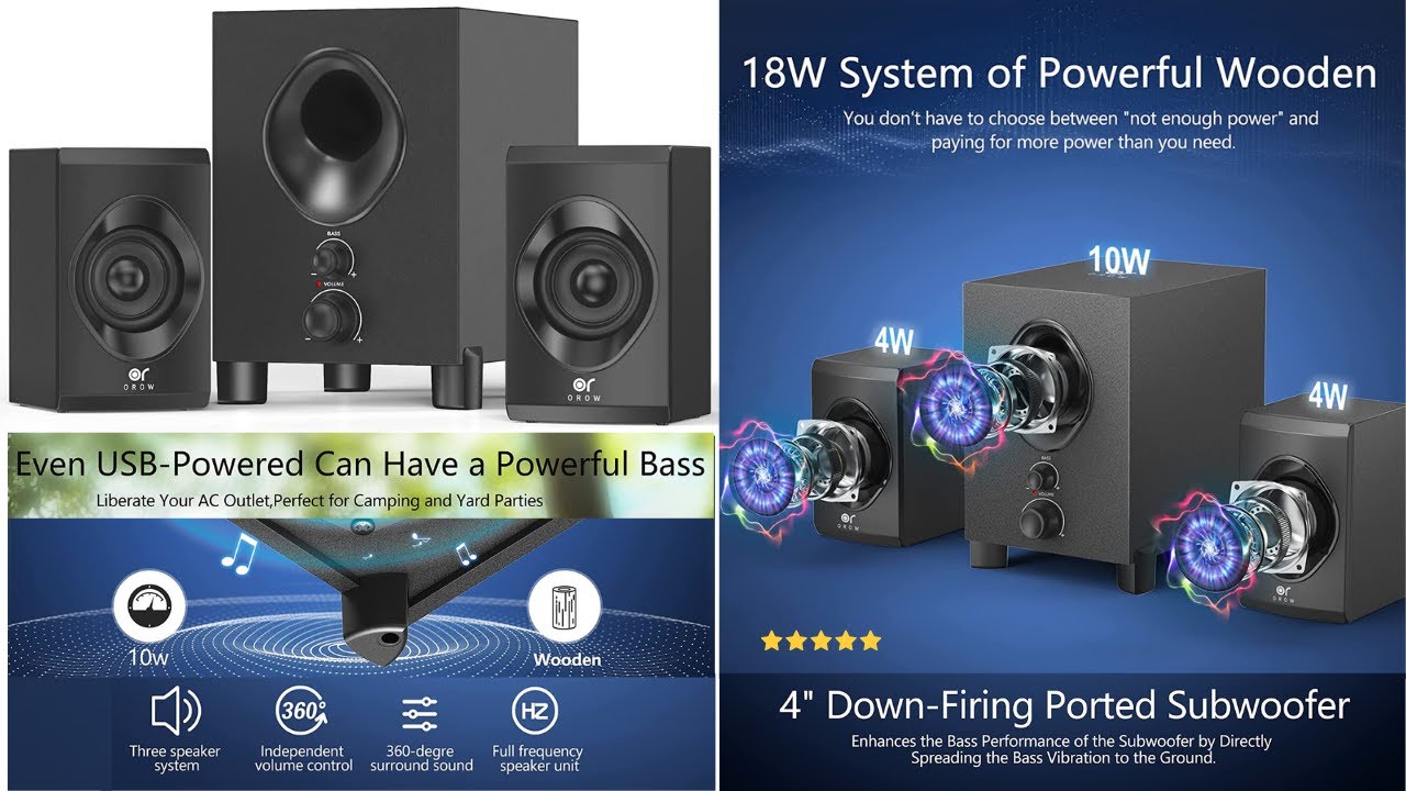 OROROW 2.1 Multimedia Speakers System with Subwoofer, Front Knob 18W Computer Speakers