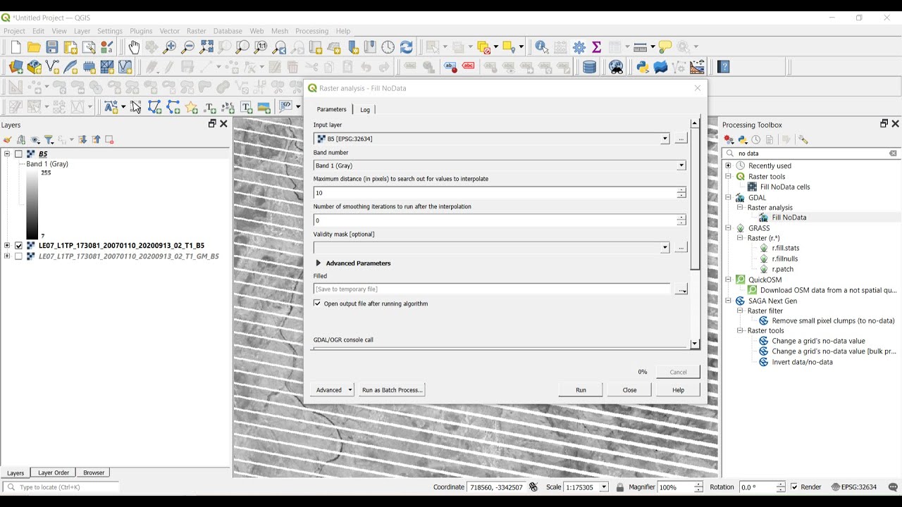 Removing scan line error or How to remove Scane line error from Landsat 7 ETM+ in QGIS