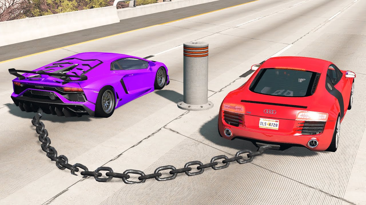 Chained Cars vs Bollards &ndash; BeamNG.Drive