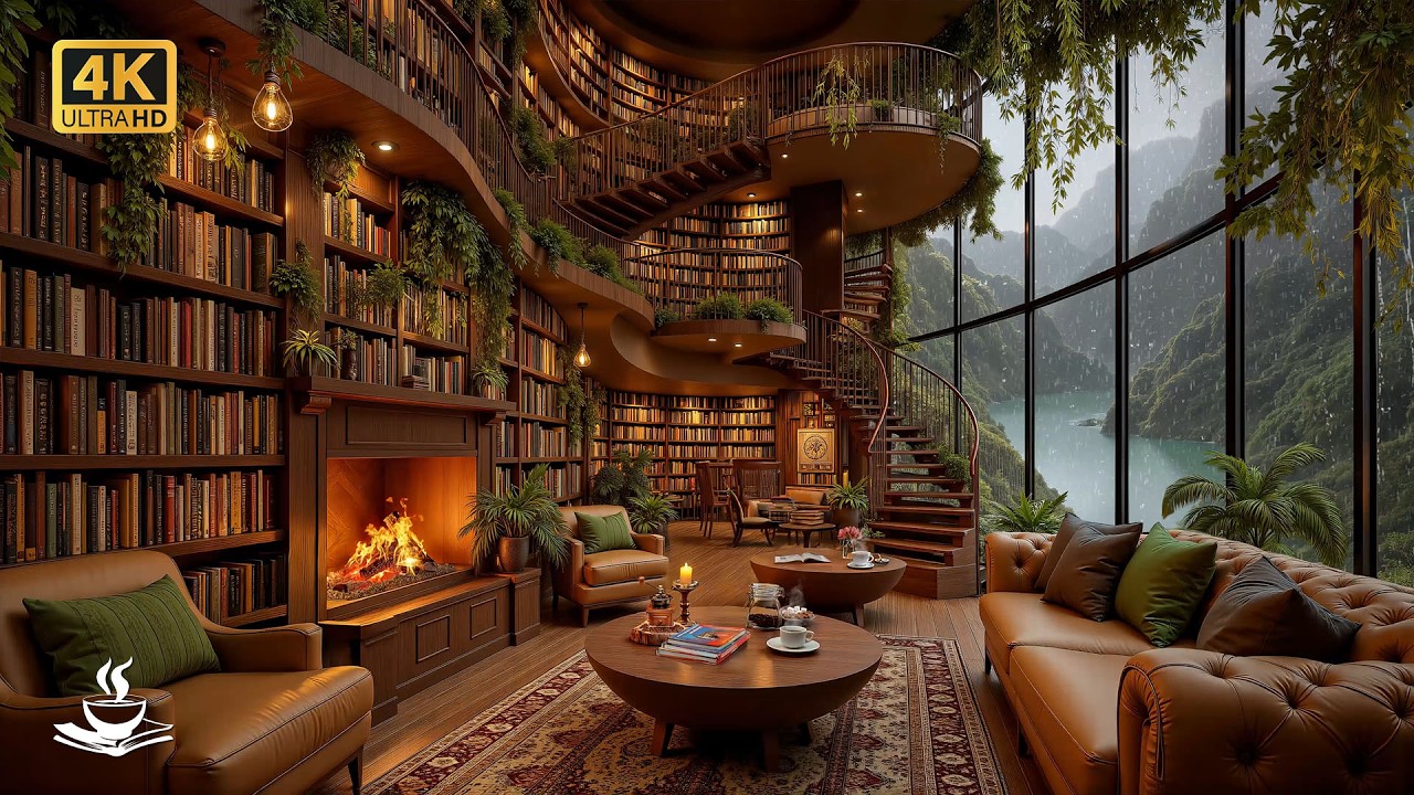Rainy Lakeview Library Jazz with Endless Shelves | Bibliophile Haven, Reading Flow & Focus Rituals