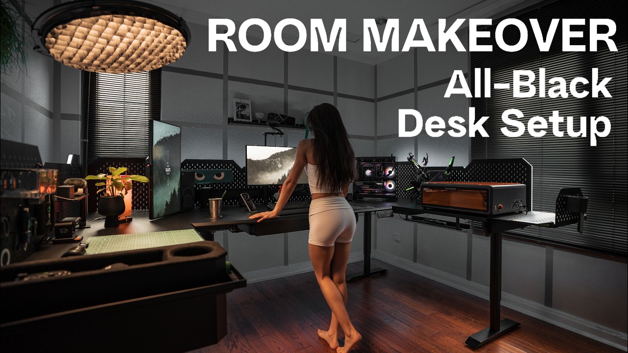 Room Makeover☁️Turned EMPTY Room to SMART Gaming & Workspace｜Resetting All-Black U-Shaped Desk Setup
