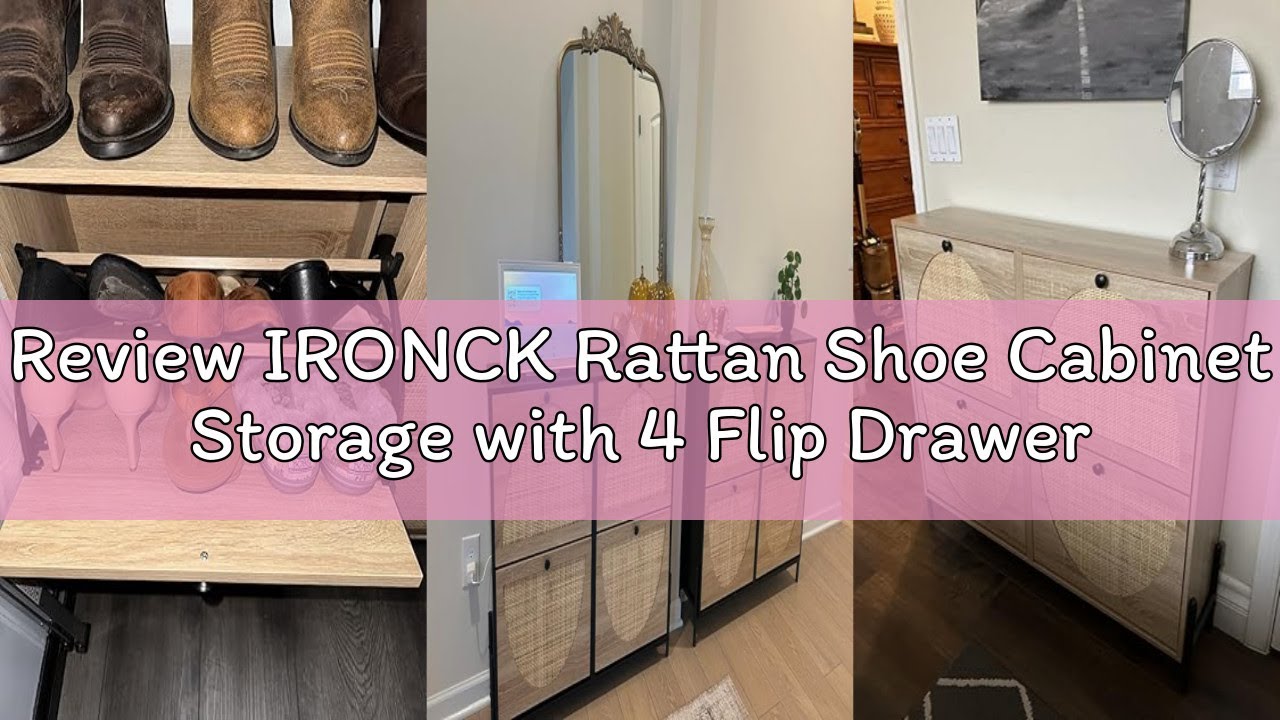 Review IRONCK Rattan Shoe Cabinet Storage with 4 Flip Drawers, Freestanding Shoe Storage Organizer C