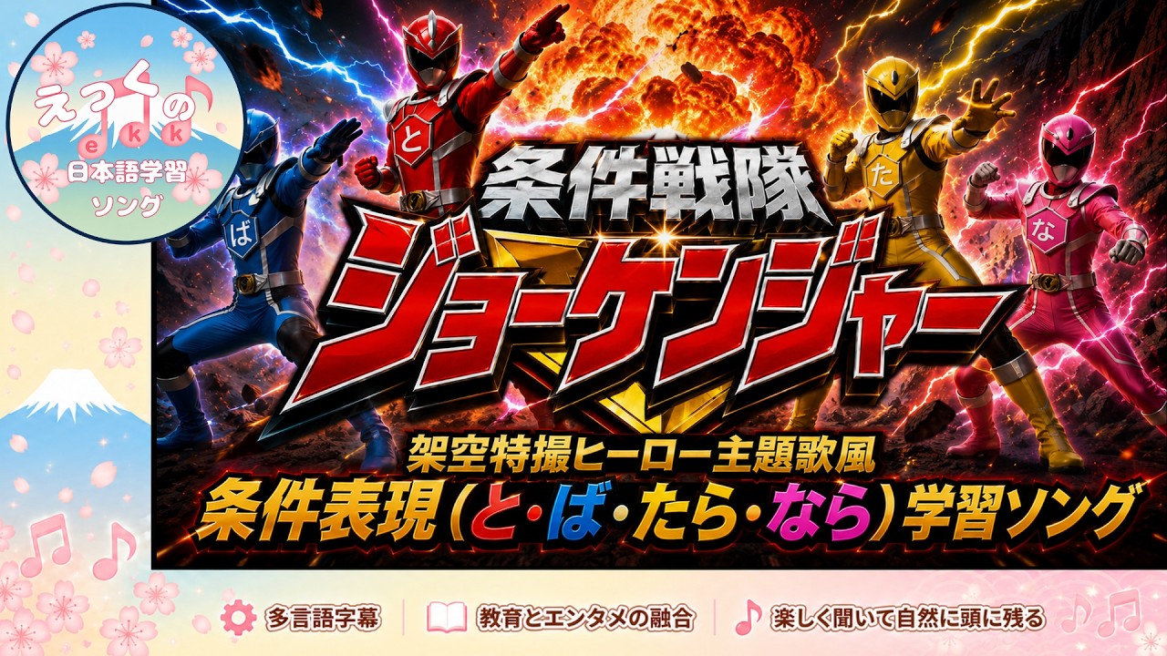 条件戦隊ジョーケンジャー（MV）,日本語の条件表現「と・ば・たら・なら」を特撮戦隊ヒーローとして擬人化し、学習するオリジナルソングです。多言語字幕！