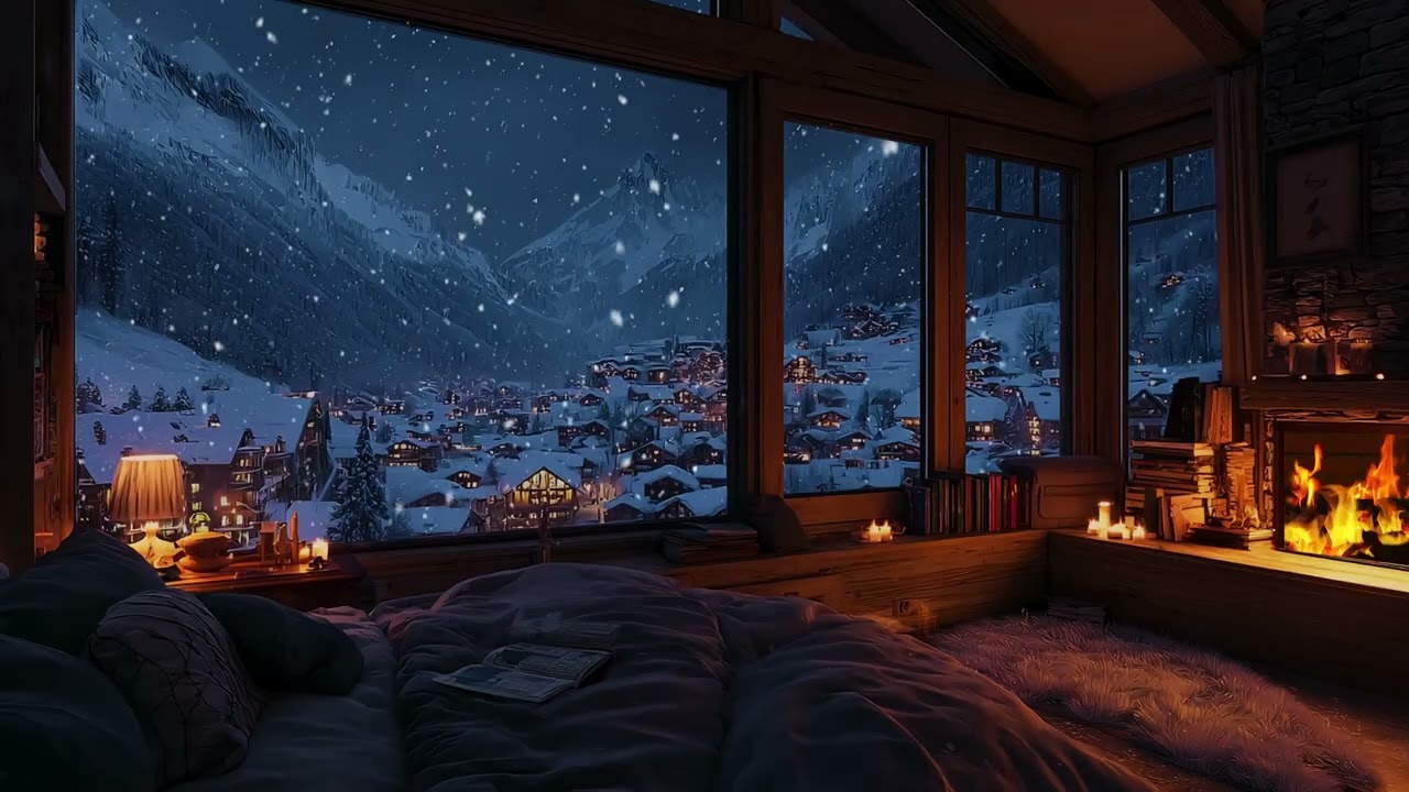 Snowfall Cabin Night | Warm Firelight and Christmas Winter Ambience for Comfort, Deep Sleep & Relax