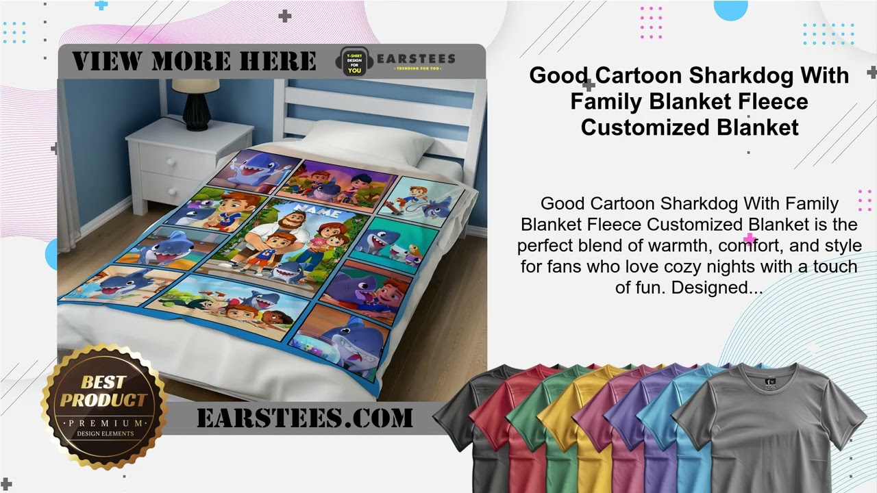 Good Cartoon Sharkdog With Family Blanket Fleece Customized Blanket