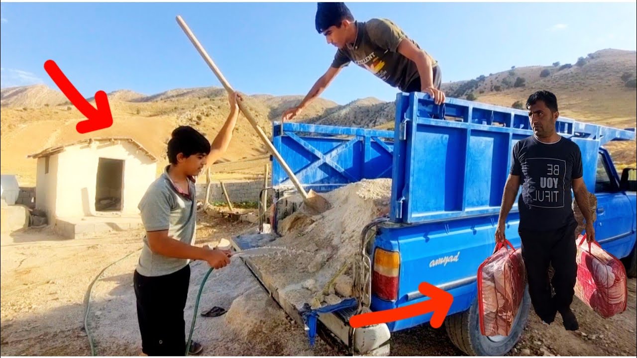 Omid and his family bringing sand for the yard