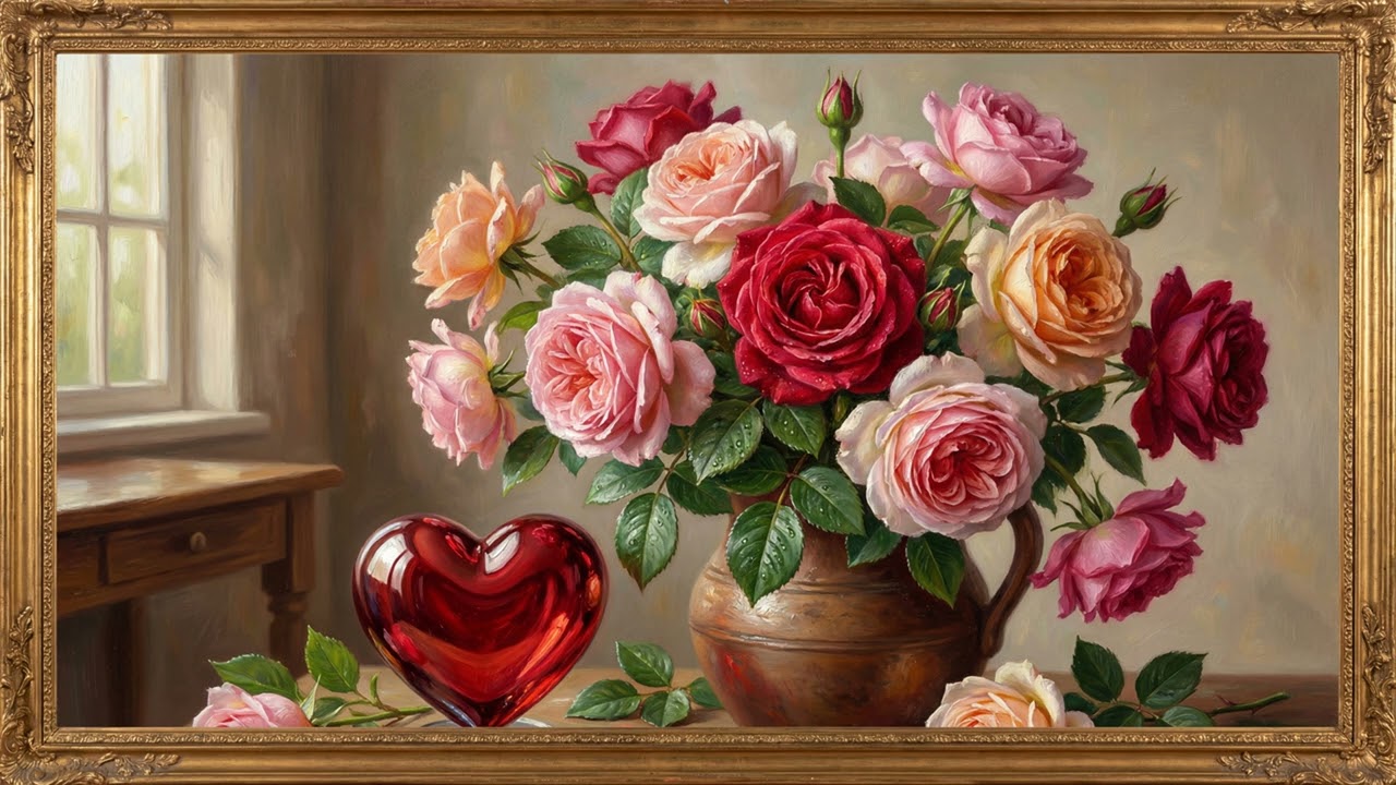 Mood Art: Romantic Red Rose in Gold Frame (No Sound/Soft Music)