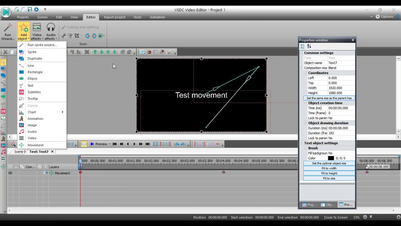 VSDC Video Editor: Animate text or other objects