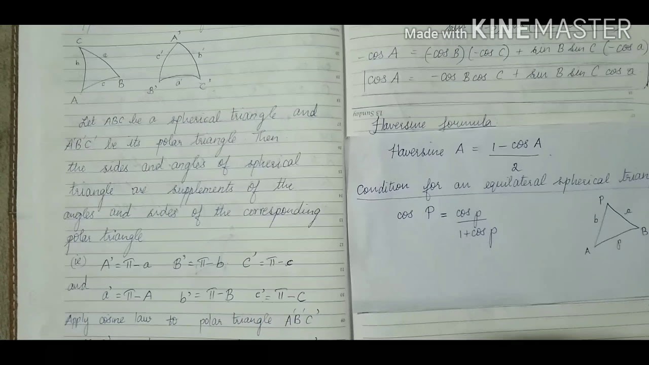 Unit 3 : Polar triangles, Problems based on cosine formula, haversine formula