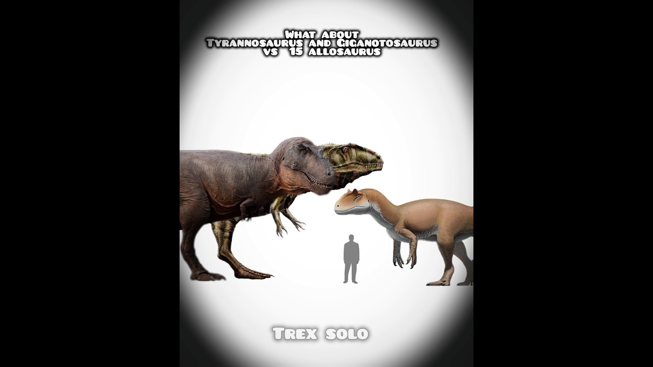 what about tyrannosaurus Rex and Giganotosaurus vs 15 allosaurus 