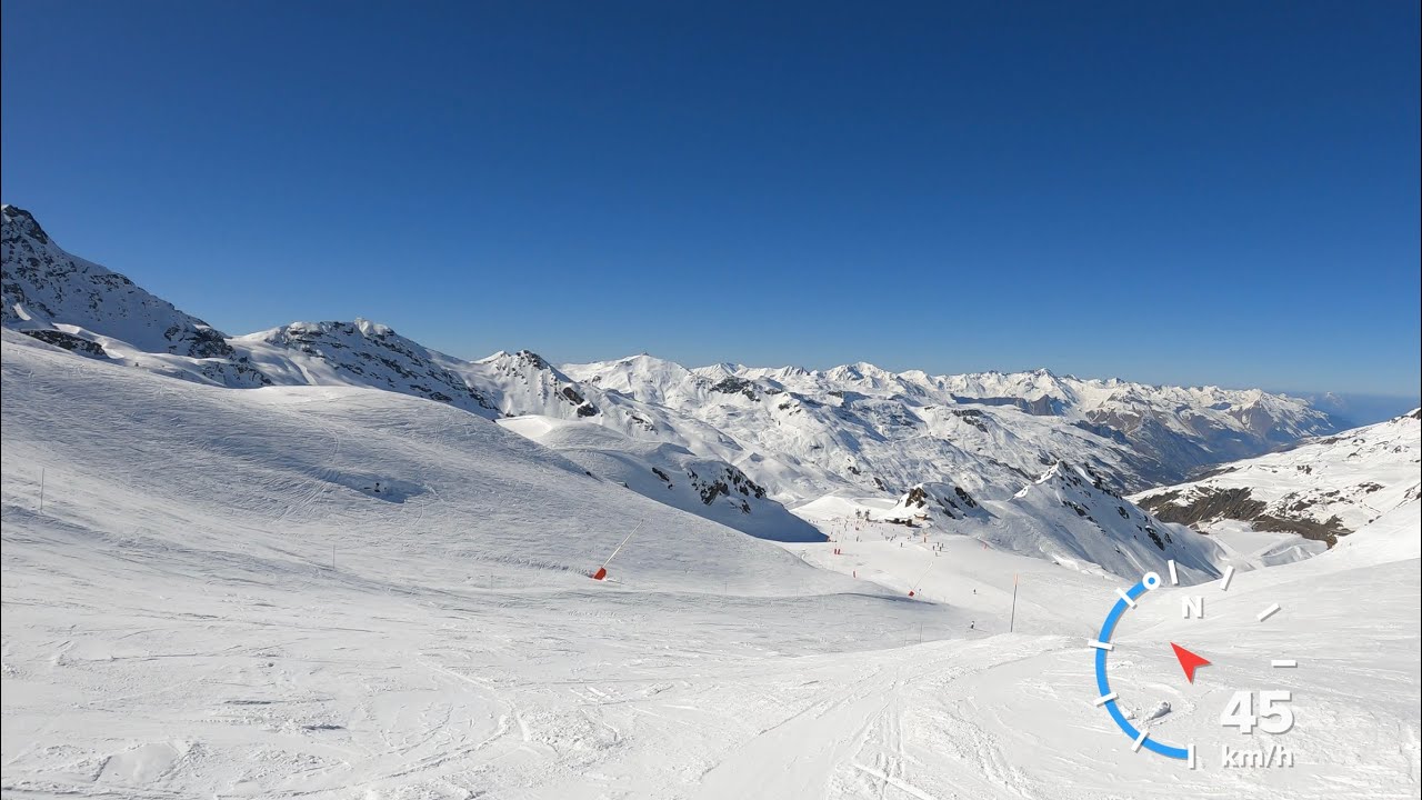3 Valleys-Val Thorens: Skiing down to Val Thorens village via the red slope Rhodos
