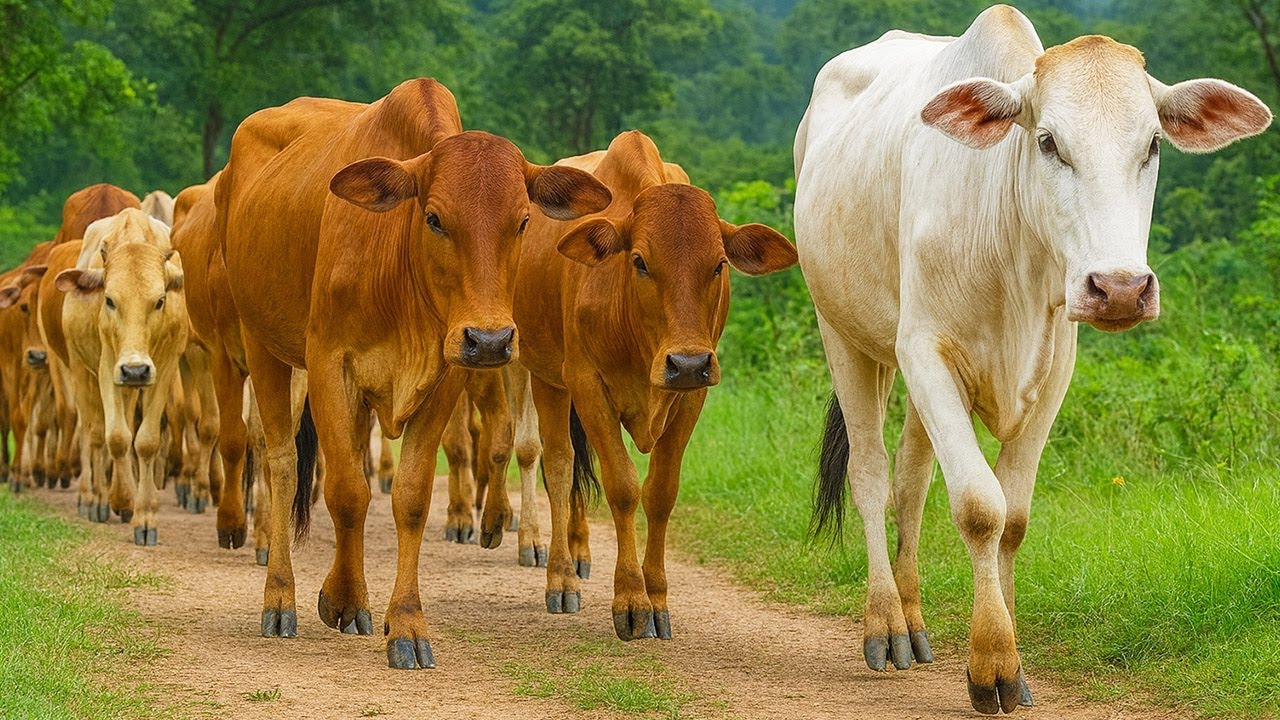 Herder and cattle running on the road, Cow sound Moo, Cute cows walking together on the road.