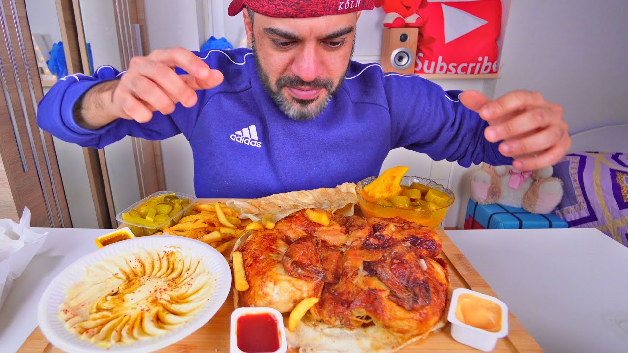 اكل دجاجة مشوية خيالية يا ابطال بالمسبحة التاريخية السورية الأصلية Rotisserie Chicken and Hummus