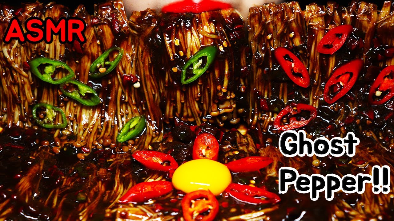 ASMR भूत मिर्च Lada Hantu Jamur Ghost Pepper enoki mushrooms 고스트페퍼 팽이버섯 먹방 NO TALKING REAL SOUNDS