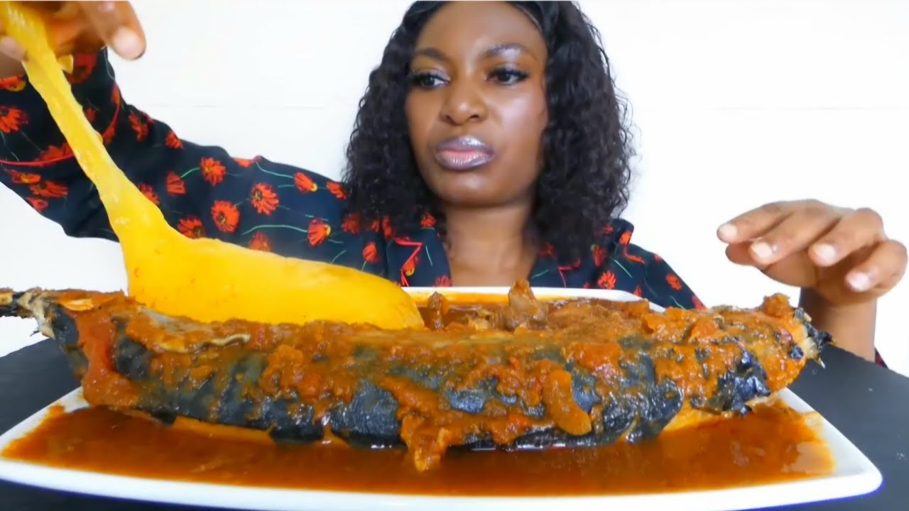Asmr mukbang spicy fish pepper soup with starch fufu
