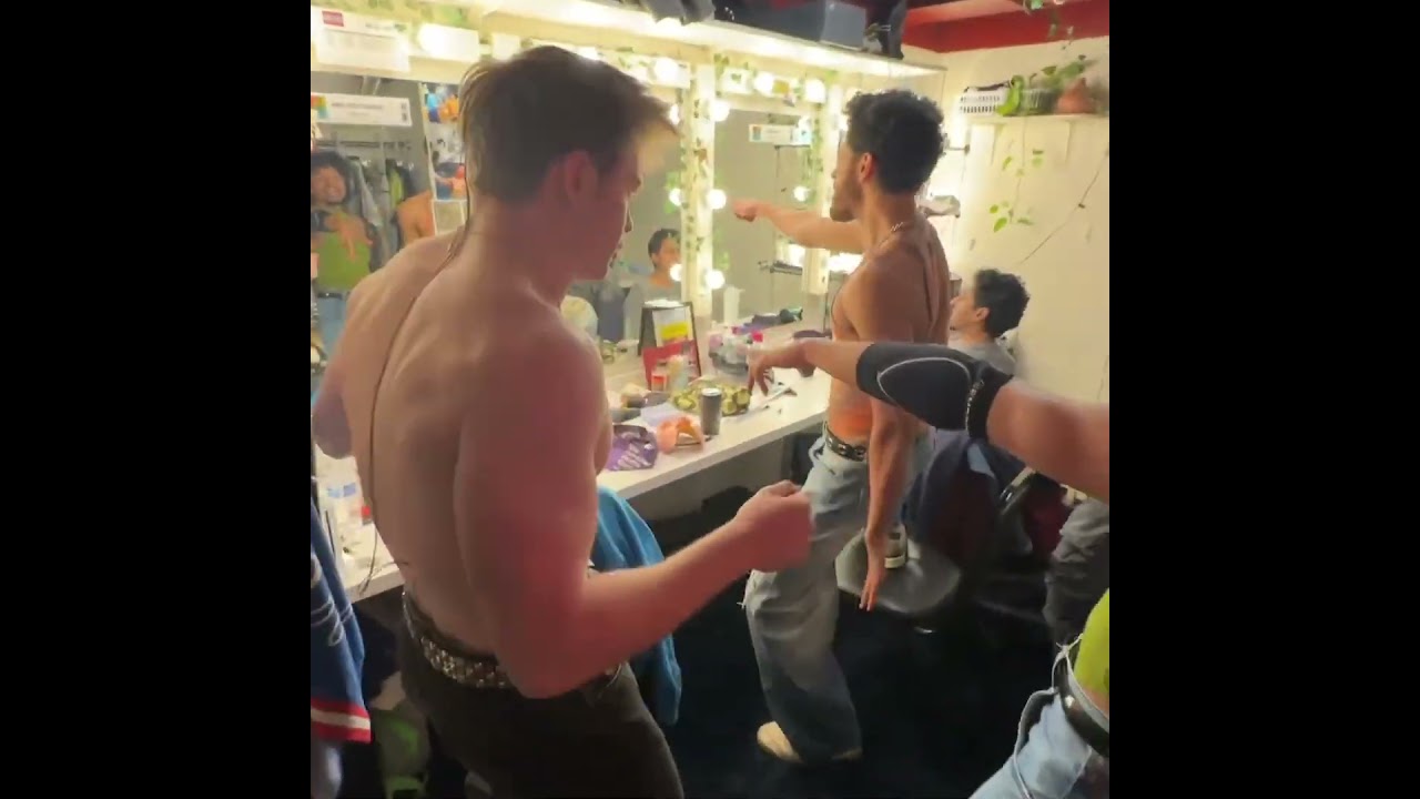 Kit Connor (again shirtless Thank heaven)with Romeo+Juliet cast singing Grease 