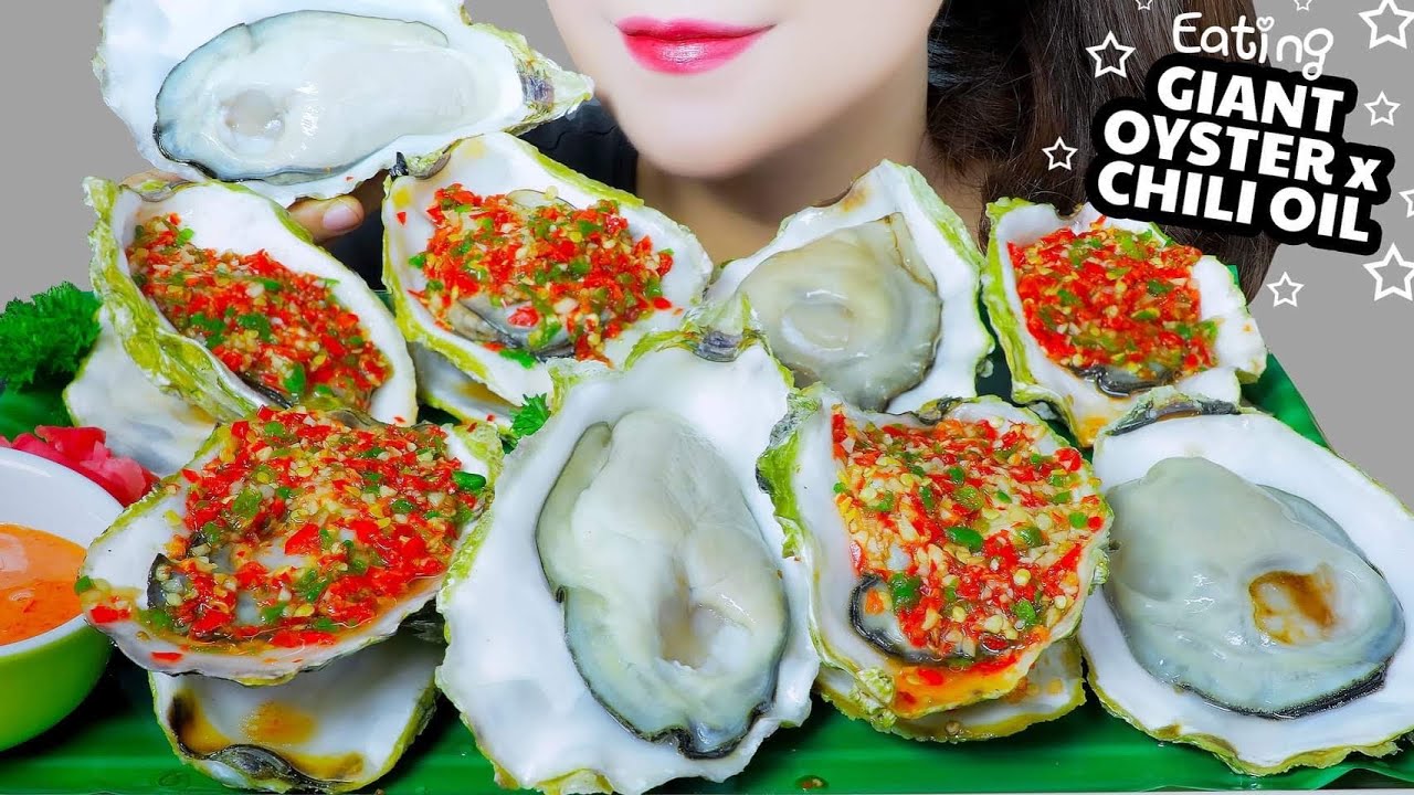 ASMR COOKING GIANT OYSTERS COVERED WITH CHILI OIL , SOFT EATING SOUNDS | LINH-ASMR