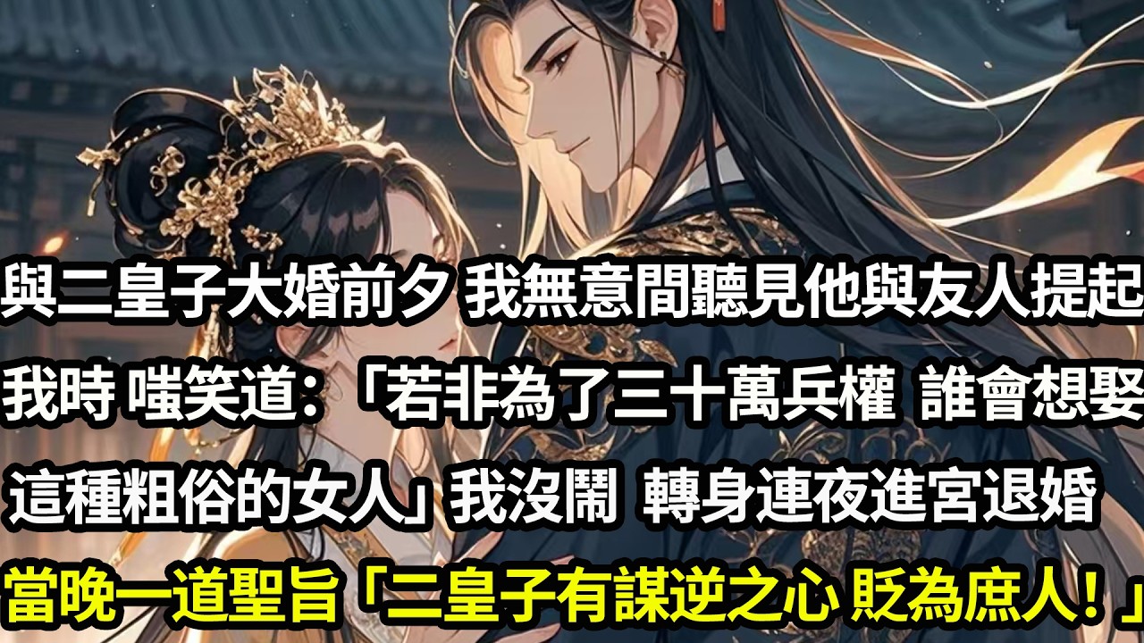 與二皇子大婚前夕，我無意間聽見他與友人提起我時嗤笑道：「若非為了三十萬兵權 誰會想娶這種粗俗的女人」我沒鬧，轉身連夜進宮退婚，當晚一道聖旨「二皇子有謀逆之心貶為庶人！」#愛情#完結