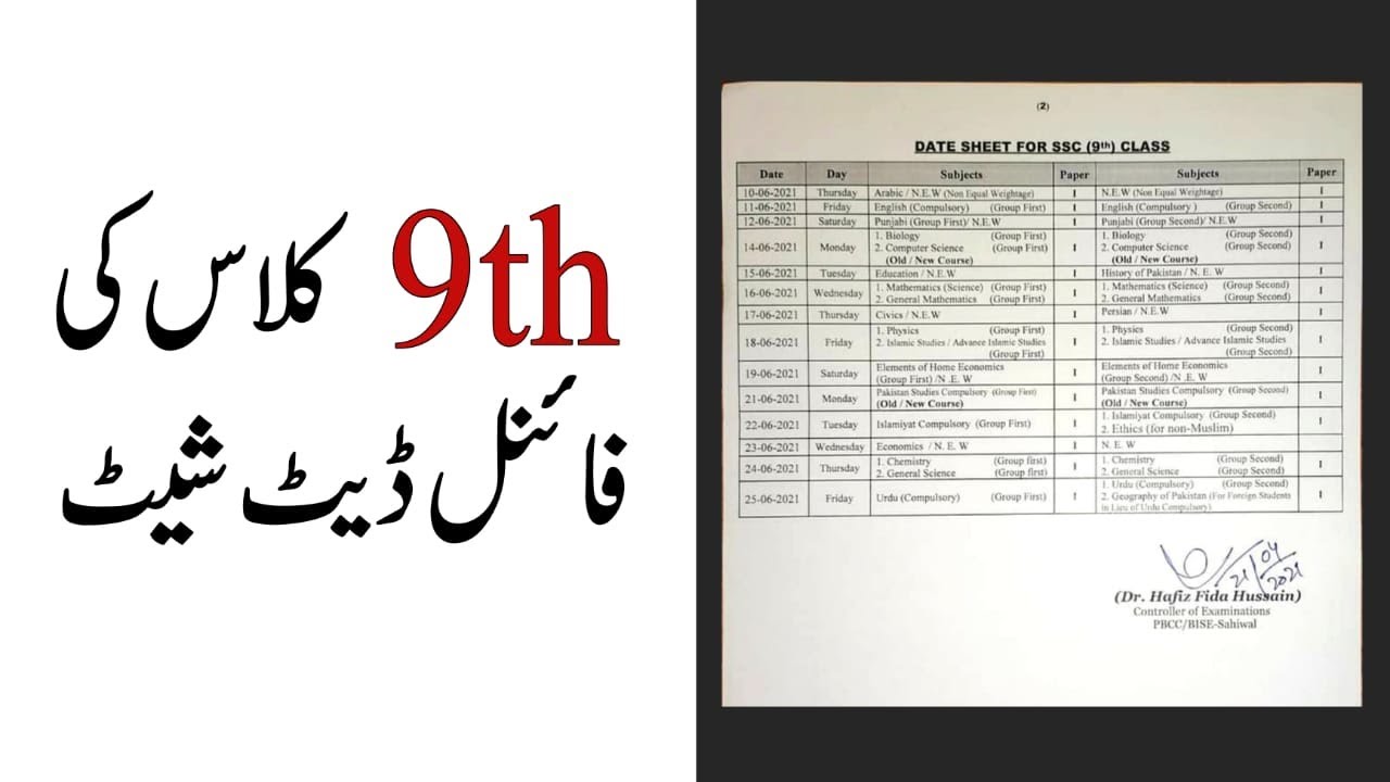 Final datesheet of 9th class 2021