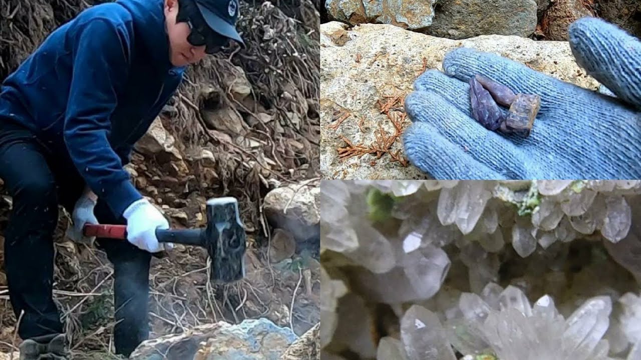 岩を砕いてアメジストと水晶採掘【鉱物採集】