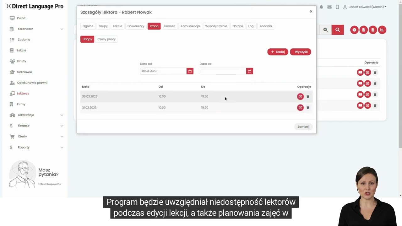 PL K209 Jak skonfigurować czasy pracy oraz urlopy lektorów w DL PRO