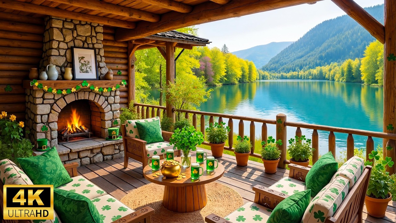 St. Patrick’s Day Lakeside Cabin ☘️ Gentle Piano Music with Warm Fireplace for a Happy Day