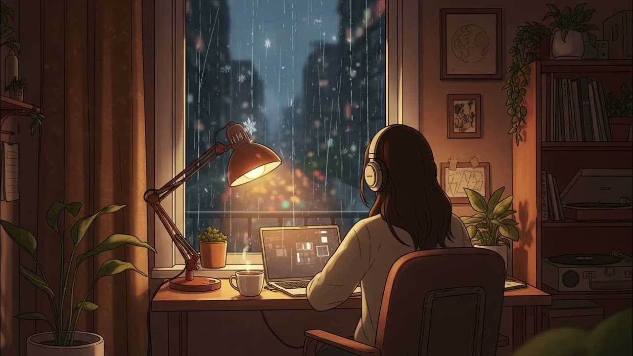 "snowy night lofi with cozy room ambience ❄️☕ chill beats to study/work"