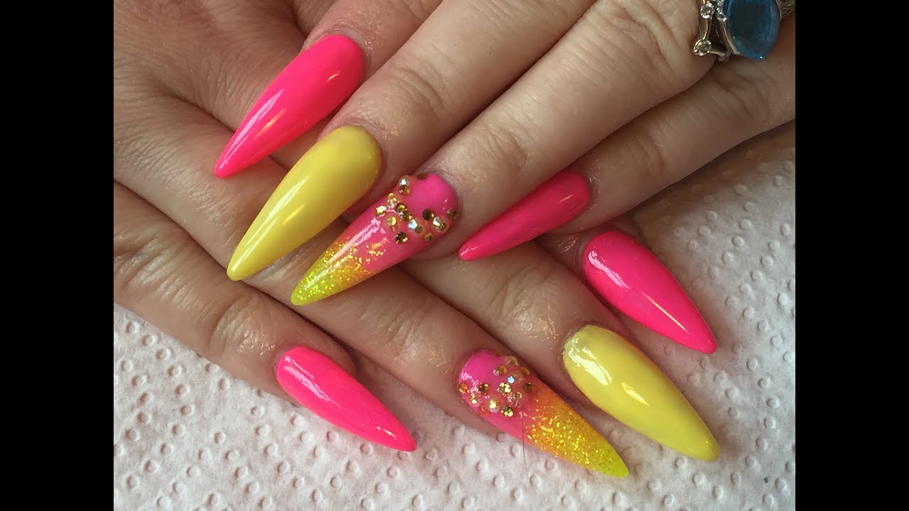Acrylic nails - pink and yellow summer sculpted stiletto nails