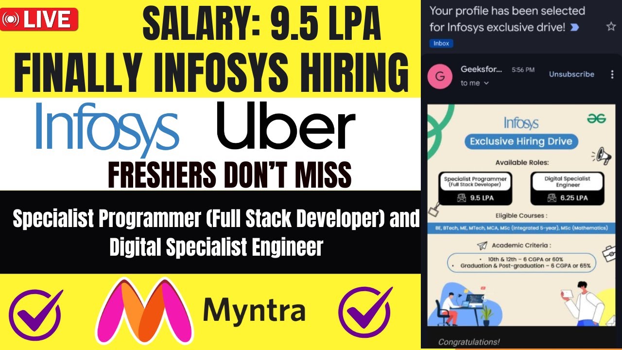 Infosys SP & DSE Jobs For Freshers | Uber, Myntra, Mastercard Hiring | Must Apply