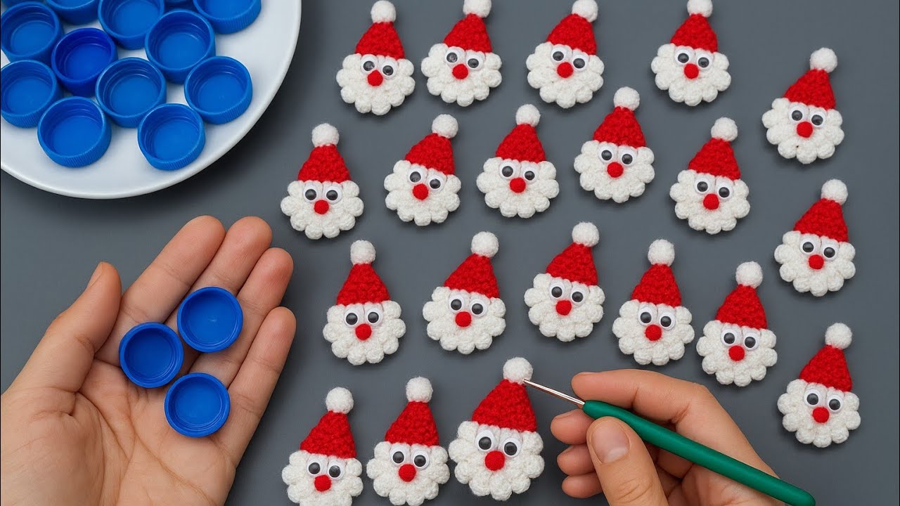 🎅🌲 Very easy Santa Claus 🎅 making with BOTTLE CAPS😳// Christmas ornaments🎅🎁crochet Christmas gift