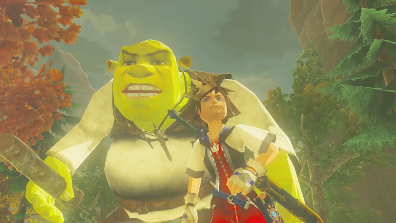 Sora from Kingdom Hearts Meets Shrek in Zelda Breath of the Wild