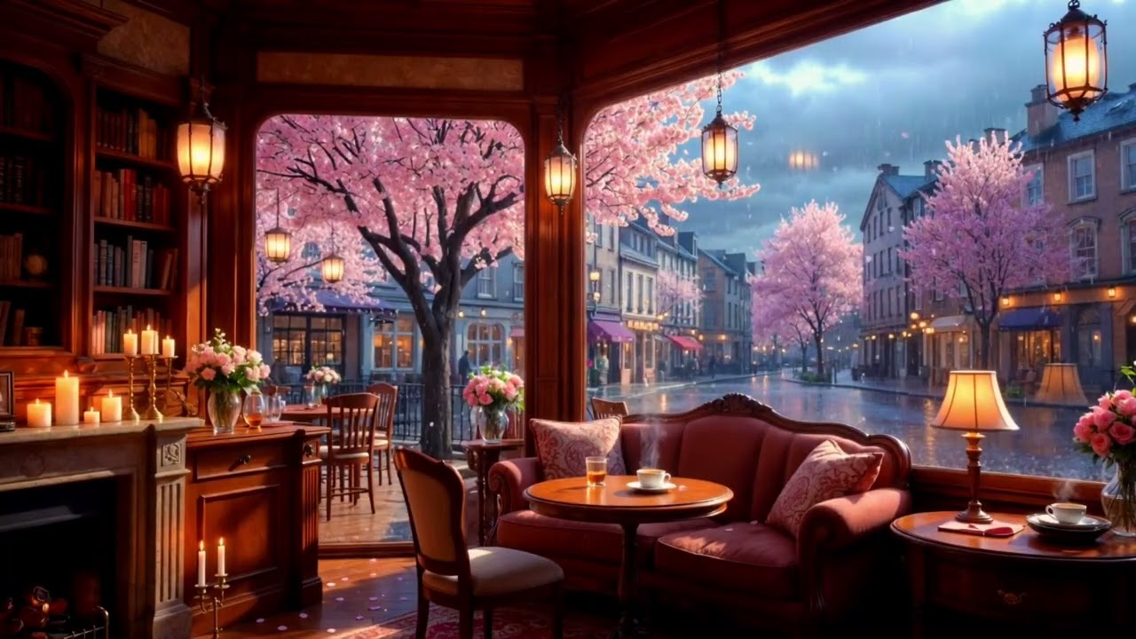 Calm Rainy Cozy Spring Jazz Piano & Cozy Coffee Shop with Fireplace Sounds for Relax
