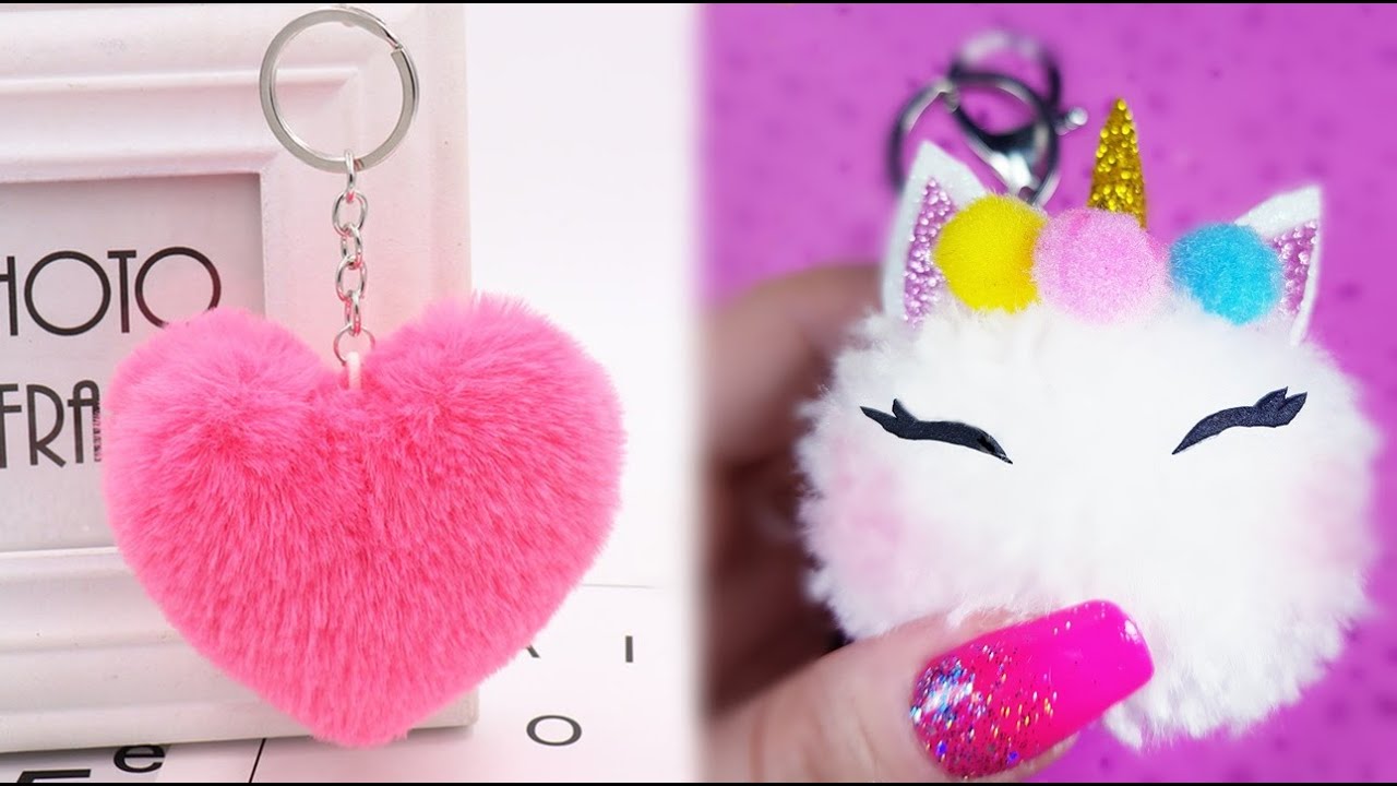 3 DIY: HOW TO MAKE PLUSH POMPOM KEY CHAIN + UNICORN AND HEART POMPOM