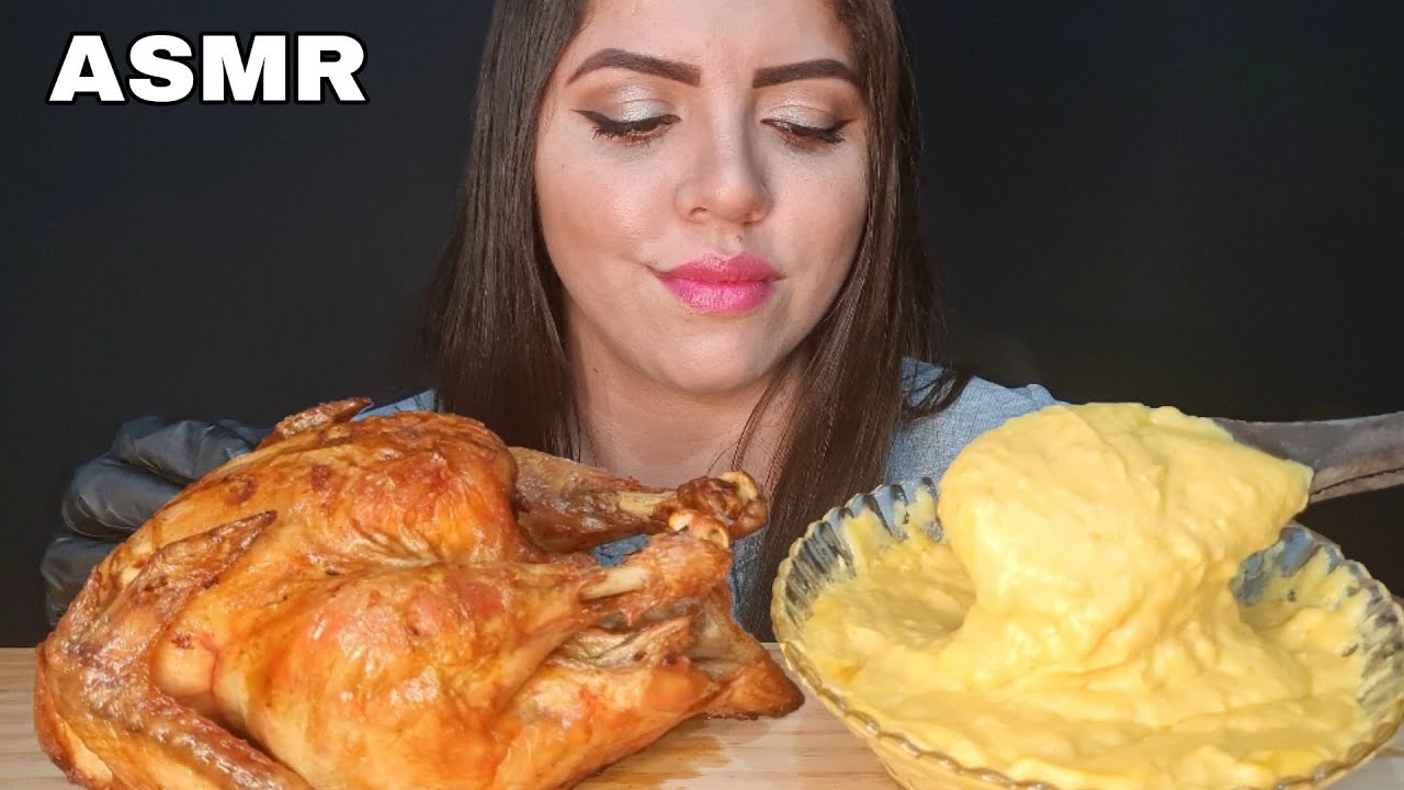 ASMR COMIDA - FRANGO ASSADO COM MOLHO DE QUEIJO (MUKBANG) SONS DE MASTIGAÇÃO