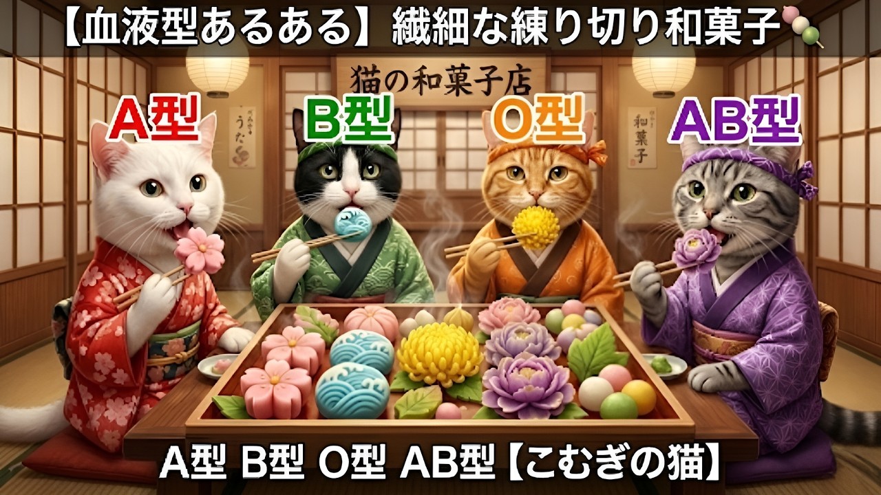 【血液型あるある】AI猫たちの挑戦！繊細な『練り切り』和菓子作り🍡🌸【こむぎの猫】