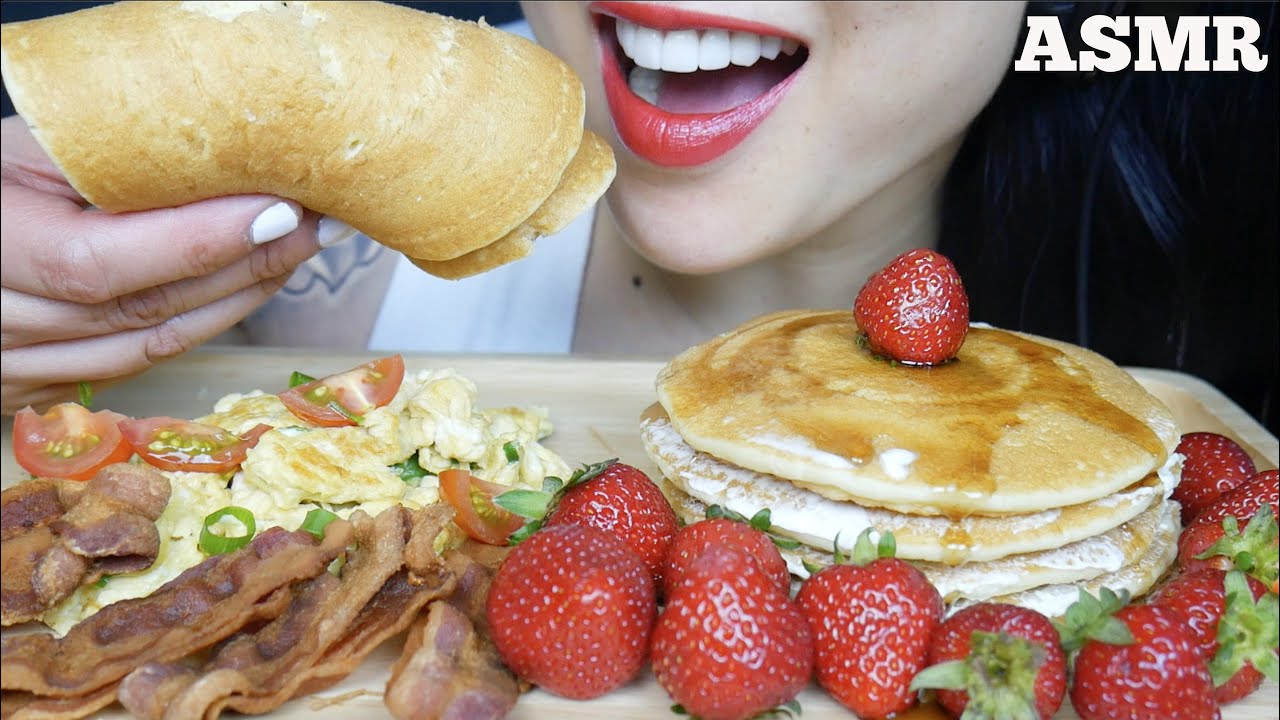 ASMR STRAWBERRY PANCAKE + EGGS & BACON BREAKFAST PLATTER (EATING SOUNDS) NO TALKING | SAS-ASMR