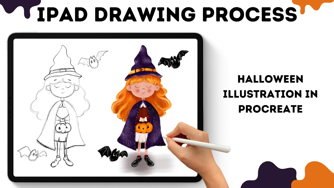 Halloween Illustration in Procreate | Cute Little Witch | iPad Step by Step Drawing Process