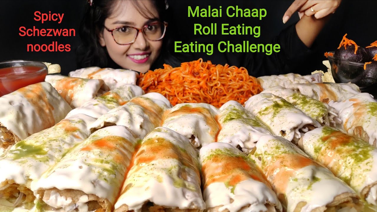 Eating Malai Chaap Roll, Spicy Schezwan noodles |  Big bites | Asmr Eating | Mukbang | Messy Eating