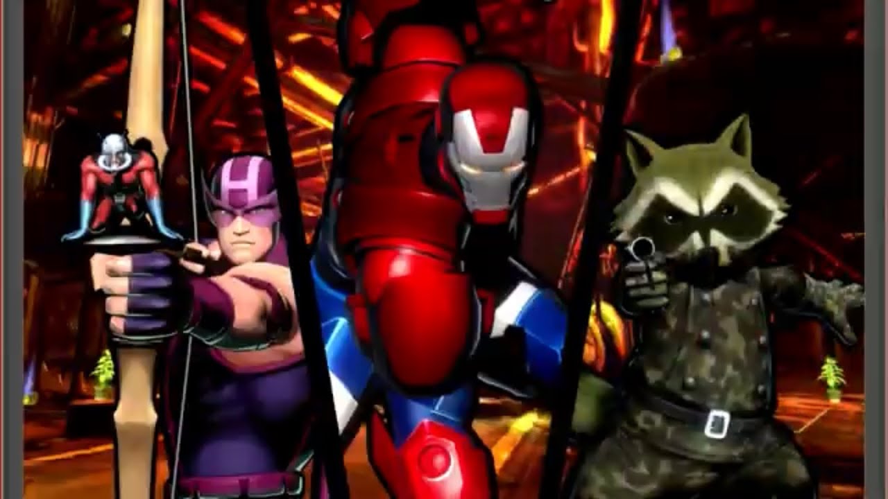 Полное прохождение аркадной версии Marvel vs Capcom 3: Железный Человек, Соколиный Глаз и Ракета.